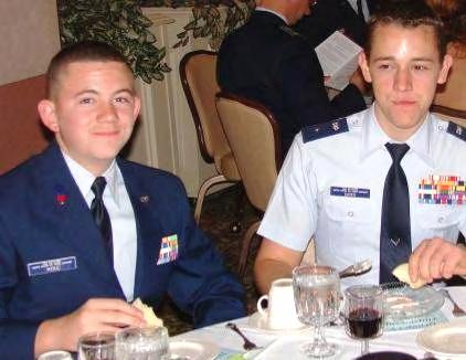 (Top left photo): C/CMSgt. William Mead (left) and C/2nd Lt. Caleb Eaves enjoy dining at the Group IV Dining Out. (Top right photo): Squadron Commander Lt. Col.