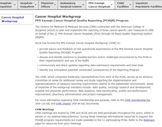 Cancer Hospital Workgroup Page The PCHQR Cancer Hospital Workgroup (CHW) page provides: Overview of the CHW