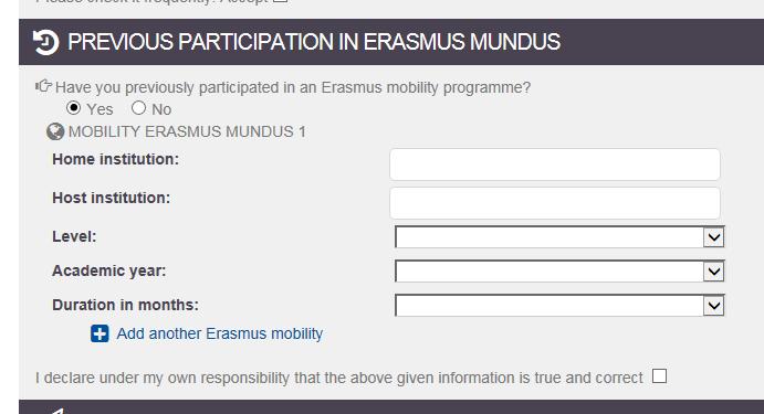 If you have previously participated in the Erasmus Mundus programme, please indicate YES and fill in the data of your past mobility: what was your home university, your host university, the academic