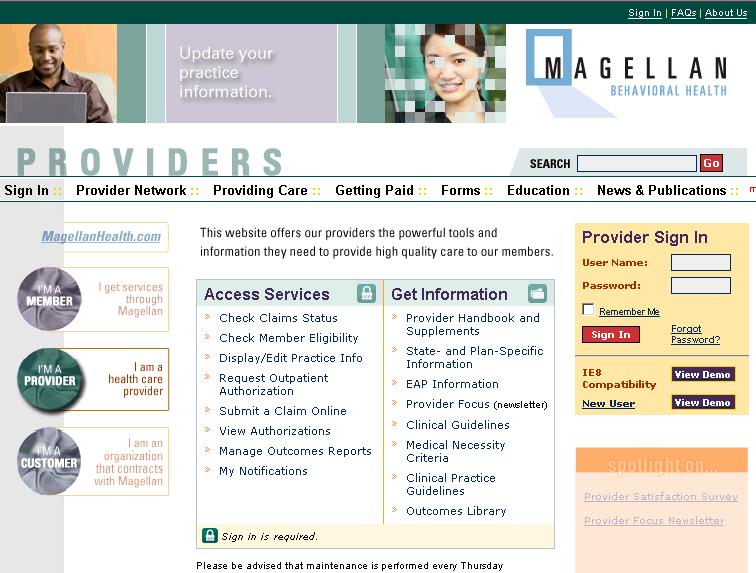 Sign In Page Users are redirected to www.magellanprovider.com.