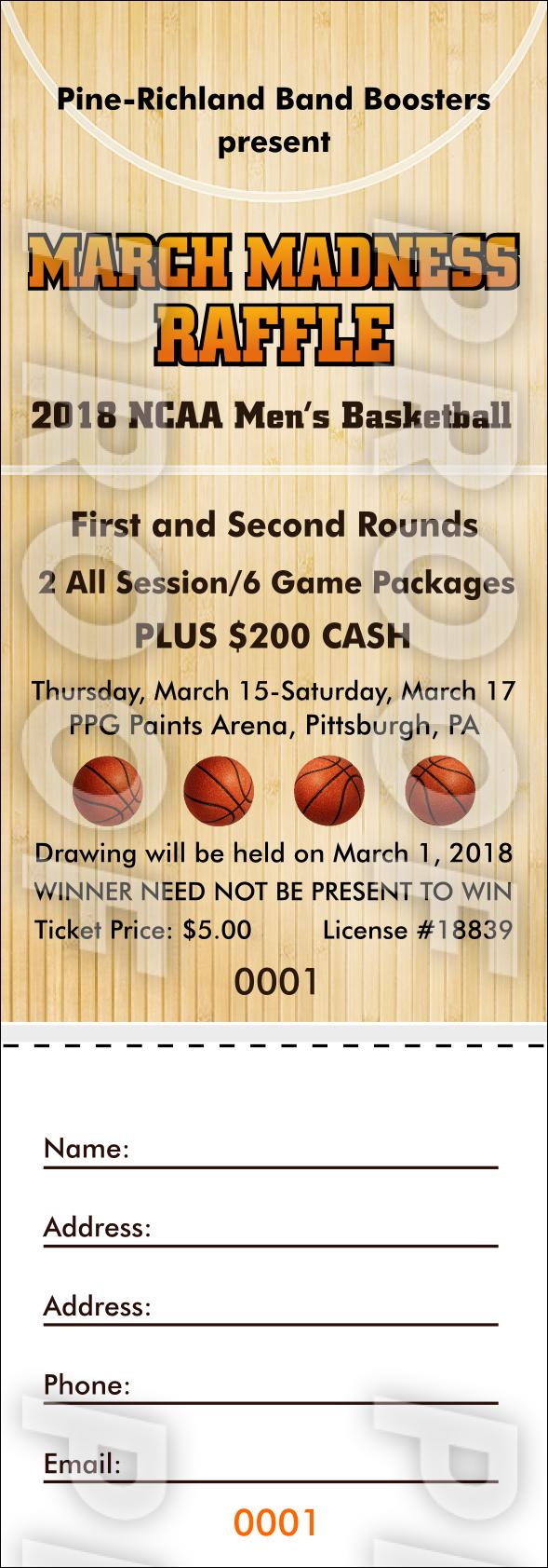 2018 Spring March Madness & and Cash Raffle Prize Package includes 2 All Session six-game ticket packages to 2018 NCAA basketball first and second rounds, plus $200 cash.