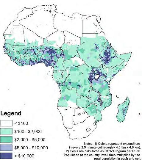 The map below shows the spatial distribution of expenditure, by calculating the costs above per rural African, and using 2.5 arc-minute GIS data on population and urban extents in 2010.