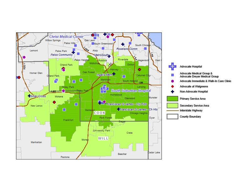 Exhibit 5: South Suburban Hospital Primary and Secondary Service Area Map Source: Advocate Health Care Strategic Planning Department, 2016.
