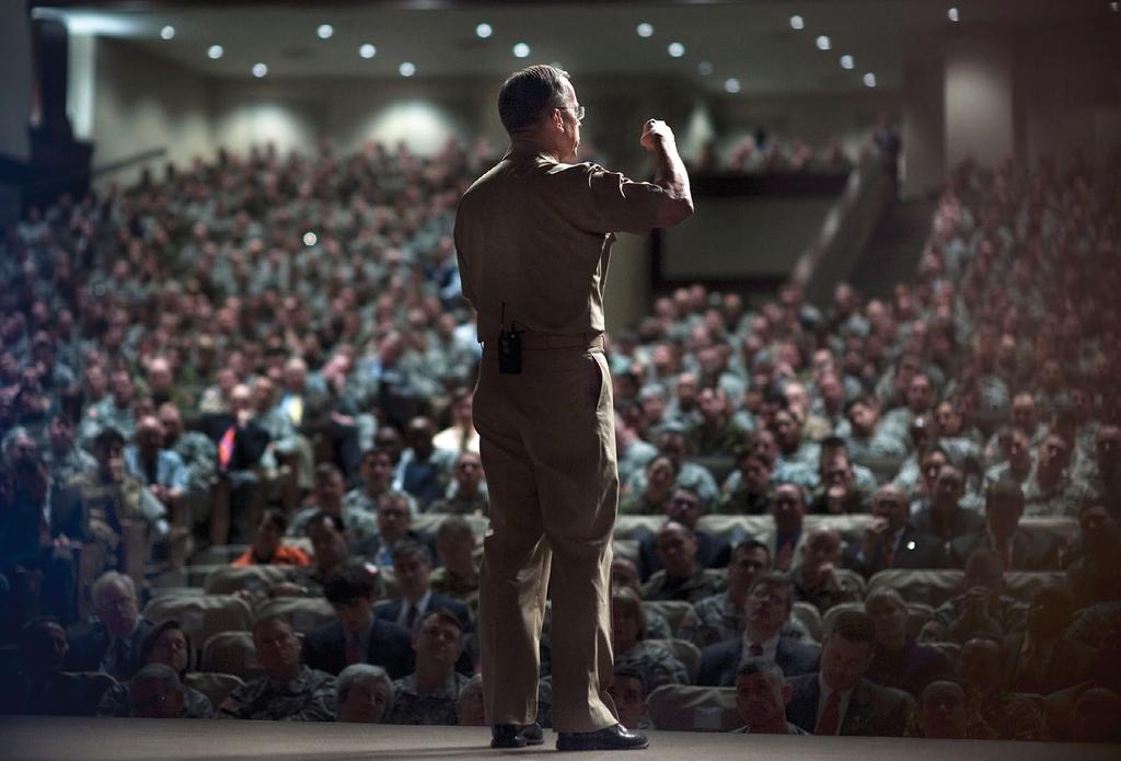 (Photo by Petty Officer 1st Class Chad J. McNeeley, U.S. Navy) Adm. Mike Mullen, then chairman of the Joint Chiefs of Staff, addresses faculty and students at the U.S. Army Command and General Staff College at Fort Leavenworth, Kansas, 4 March 2010.