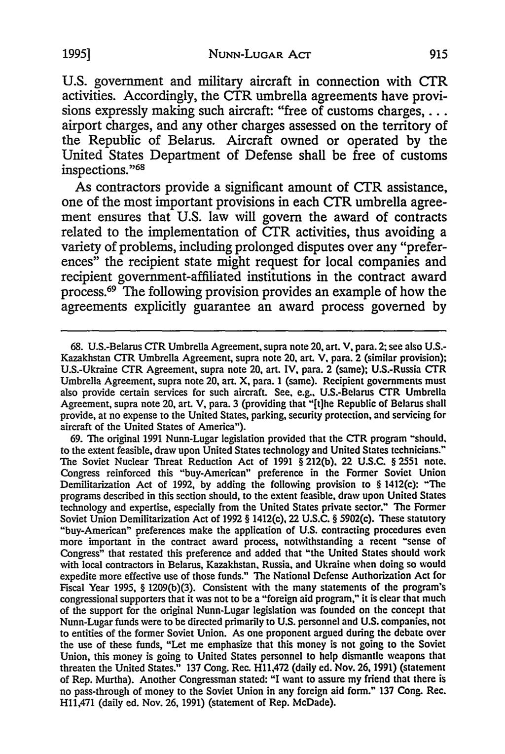 1995] NUNN-LUGAR AcT U.S. government and military aircraft in connection with CTR activities.