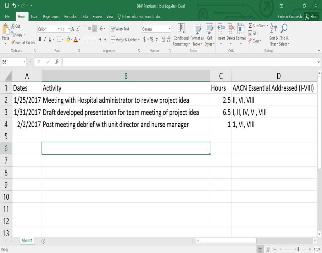 12 P a g e Appendix C DNP Project Hours Log Example course syllabi. You are required to utilize the same headers when creating your own excel spreadsheet document.