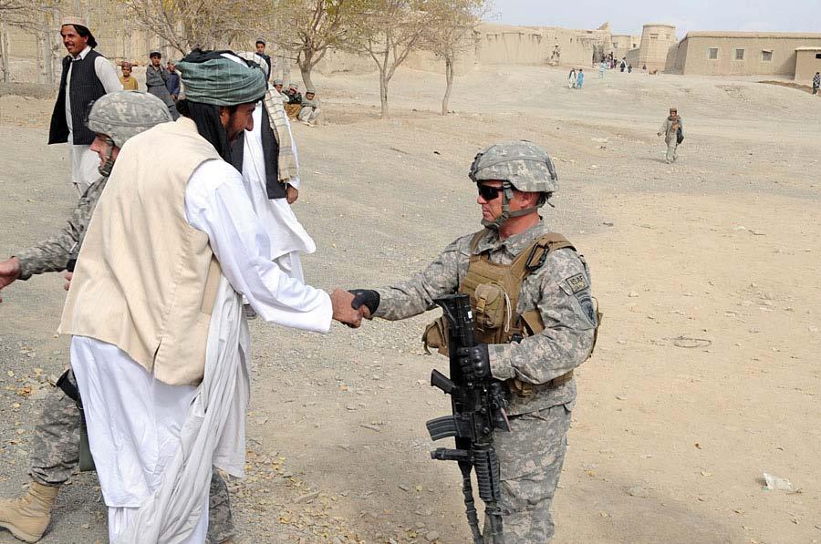 U.S. Army Maj. Christian Jenni, a provincial reconstruction team (PRT) Paktika civil affairs member, greets a village leader in Newai Pasanai, Afghanistan, Nov. 2, 2009.