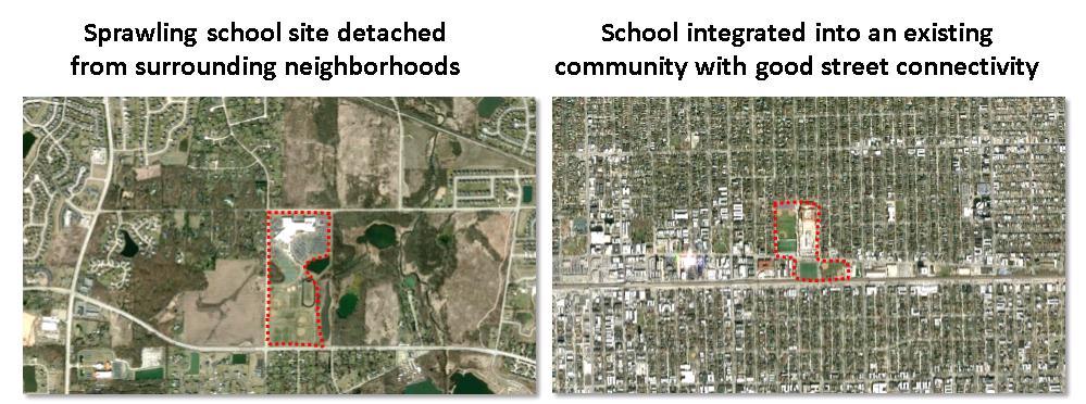 As shown in Exhibit 3, Neighborhood schools located in the centers of communities or along well-connected street networks, with bike and pedestrian connections between schools and neighborhoods,