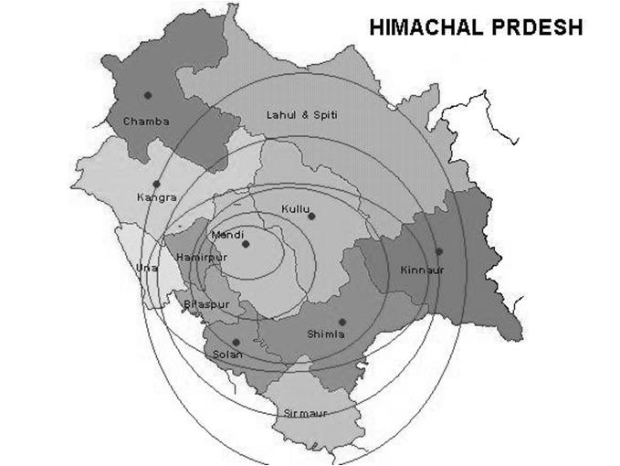 SCENARIO 1. Occurrence of an earthquake of magnitude 8 on Richter Scale in Mandi District of Himachal Pradesh will be depicted with epicenter of the earthquake between Sunder Nagar and Mandi towns.