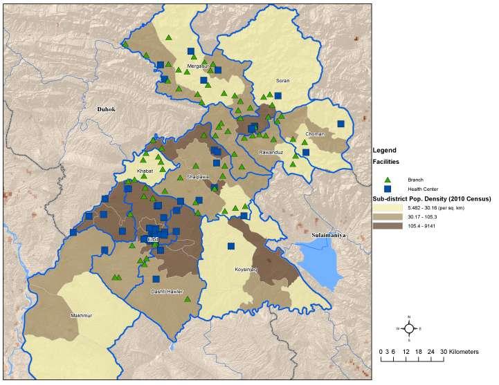 Organization (2): Distribute Facilities Efficiently Distribute PHCs (main centers and branches) systematically: Locate them to cover defined catchment areas that meet the Iraqi national