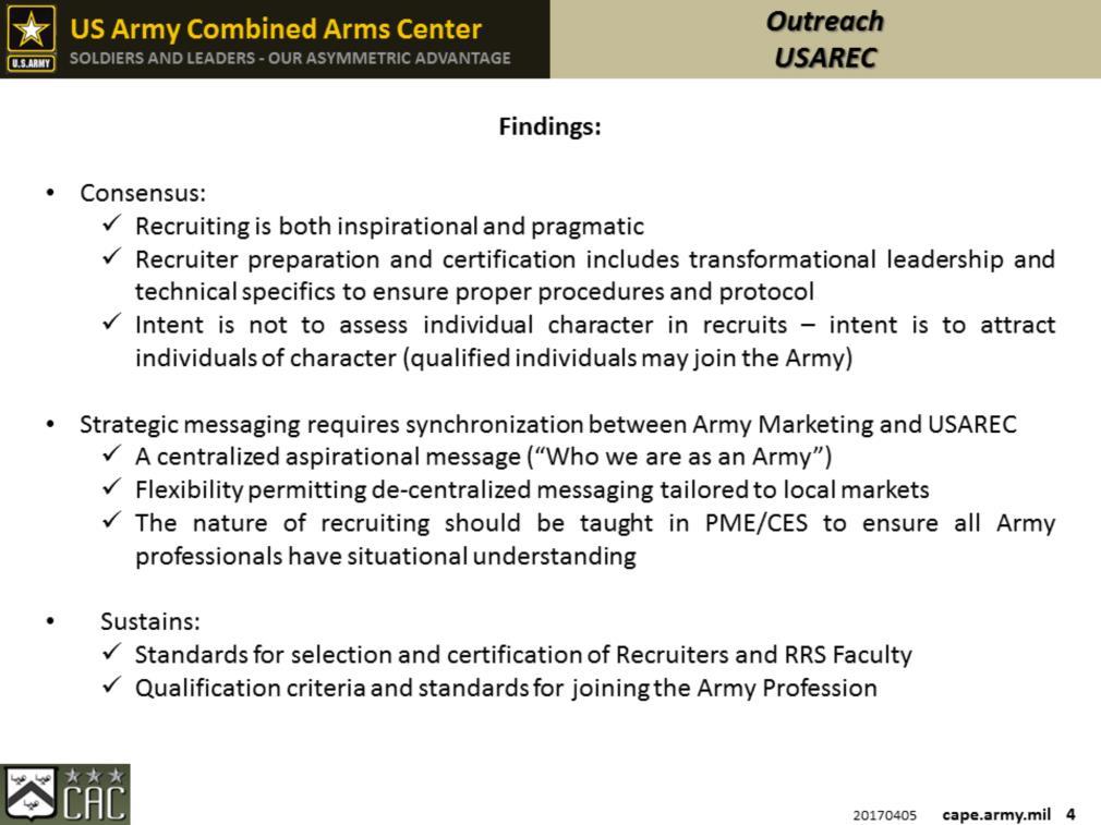 USAREC: US ARMY RECRUITING COMMAND PME/CES: PROFESSIONAL MILITARY