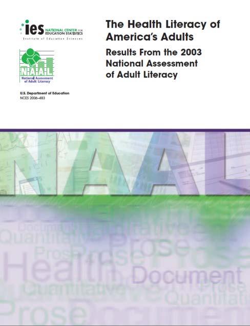 National Assessment of Adult Literacy National assessment of health literacy skills of US adults Assessed both reading and math
