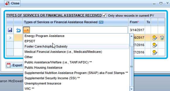 Types of Services or Financial Assistance Received: Click on open a data entry box to record assistance received during the program year.