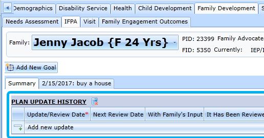 Family Partnership Agreement (IFPA) Family Development tab.