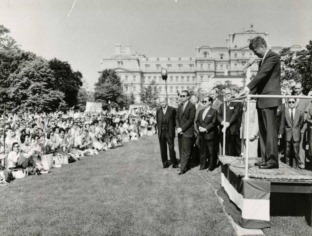 Kennedy spoke to AFS students in Washington, D.C. three times during his presidency, including in July of 1963, when he met them on the South Lawn of the White House.