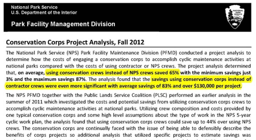 Corps are Cost-Effective, Have High ROI NPS study done by Booz Allen Hamilton shows partnering with Corps saved an average of 65 percent on maintenance projects.