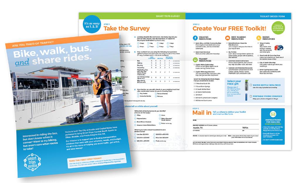 These additional items were offered as part of the Toolkit: Walk Smart Brochure Capital Metro App Brochure Bus Route Maps (for routes 5, 7, 10, 20, 331, 801, and 803) MetroRideShare: Share the Ride