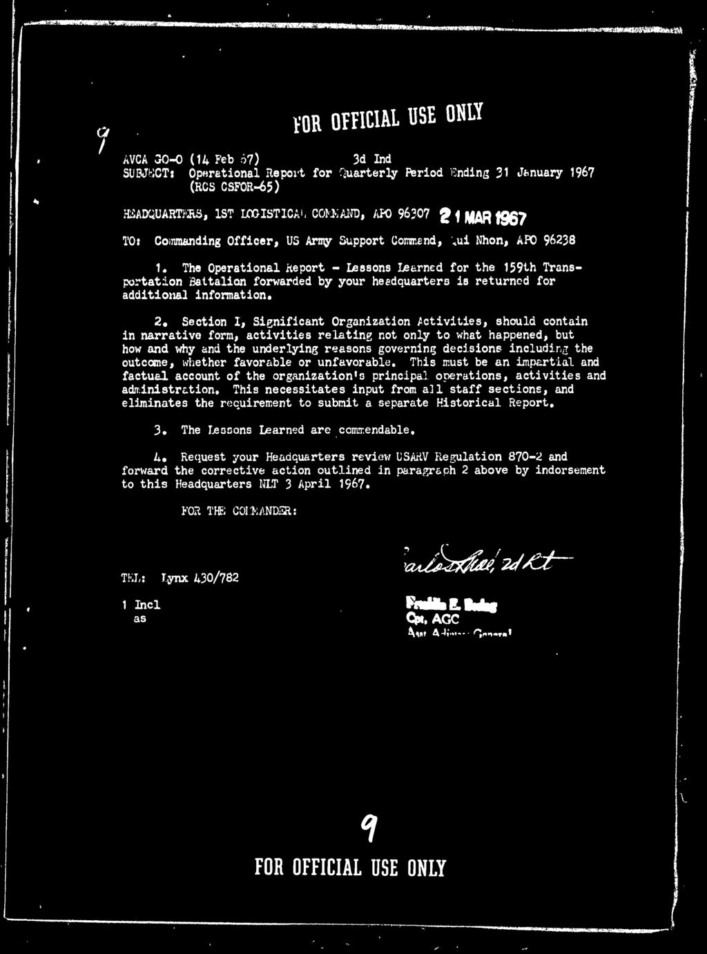 1 VOR OmCIAL USE ONW AVCA 30-0 (14 Feb 67) 3d Ind SllBJWGTi Operational Report for Quarterly Period rinding 31 January 1967 (RCS CSFOR-65) HiiADCiUARTPES, 1ST LOOISTICA!