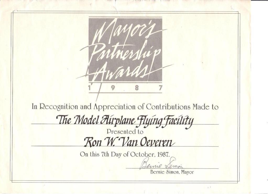 Certificate Award. One of four annual Mayor Partnership Awards given in 1987.