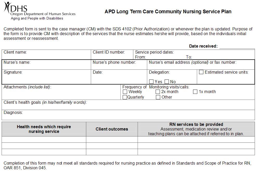 Nursing Service Plan (SDS 0754) Indicate projected frequency of