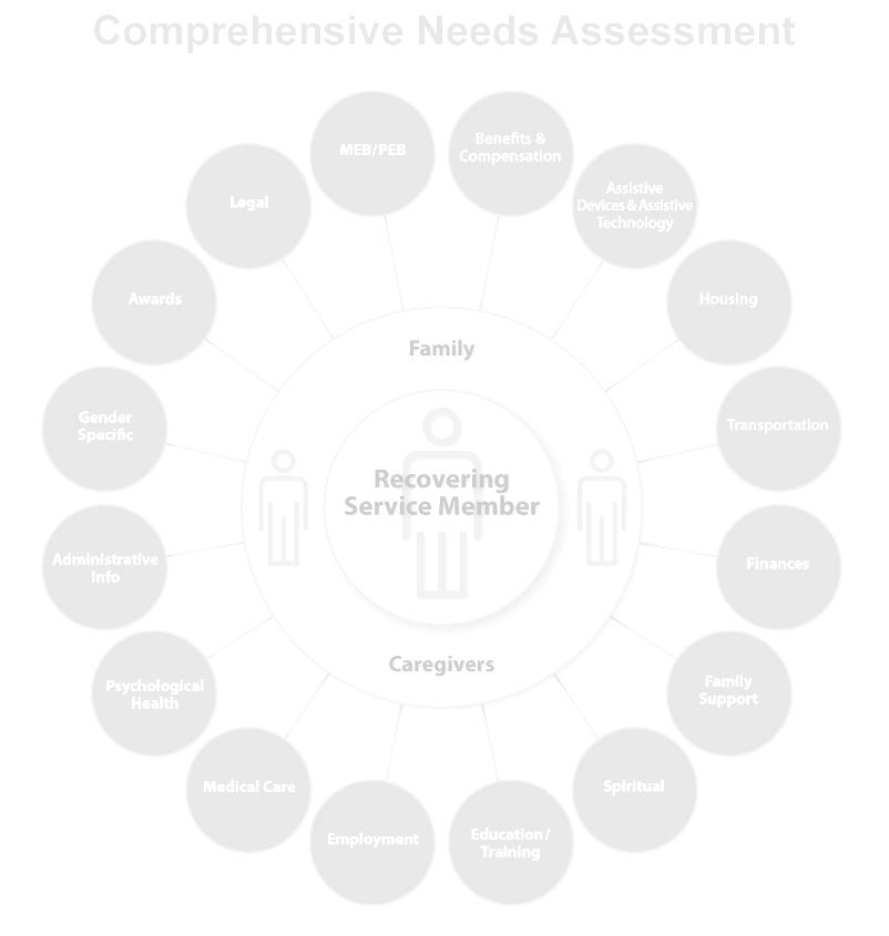 Comprehensive Needs Assessment (CNA) Refer to the CNA Wheel to ensure that you cover the following critical areas of need with the Service member and family/caregiver: Administrative Information