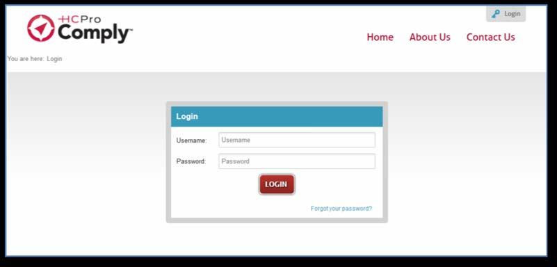 Logging in to HCPro Comply for Long-Term Care Nursing The HCPro Comply login screen is a simple interface that captures all the information needed for the system to recognize your facility and verify