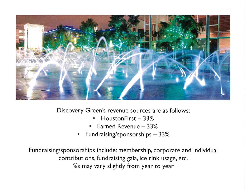 Discovery Green's revenue sources are as follows: HoustonFirst - 33% Earned Revenue - 33% Fundraising/sponsorships - 33%