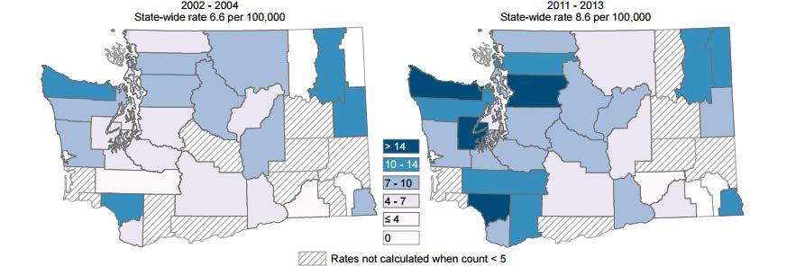 Figure 5. Increase in Opiate-related Deaths by County, Washington State, 2002-2004 to 2011-2013 Source: Univ.
