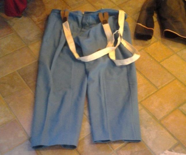 TWO ITEMS FOR SALE: Civil War US Infantry Trousers, sky blue with braces, waist 44 inseam 31 with a 3 hem, very good condition some small