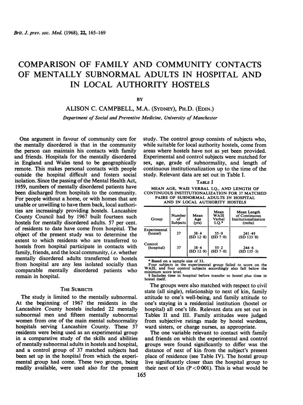 Brit. J. prev. soc. Med. (1968), 22, 165-169 COMPARISON OF FAMILY AND COMMUNITY CONTACTS OF MENTALLY SUBNORMAL ADULTS IN HOSPITAL AND IN LOCAL AUTHORITY HOSTELS BY ALISON C. CAMPBELL, M.A. (SYDNEY), PH.