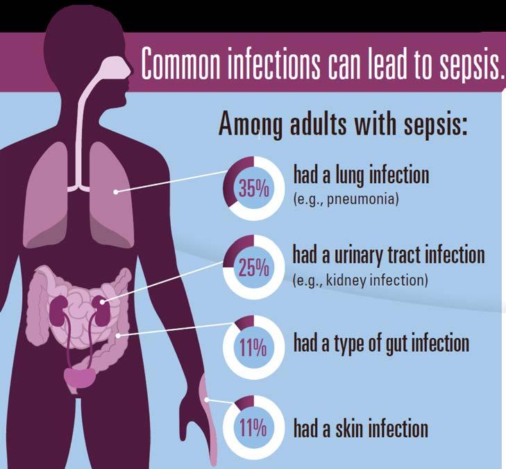 Sepsis: CDC Vital Signs 80% of sepsis cases begin outside the hospital 7 in 10 patients with sepsis had recently used health services 4 most common types