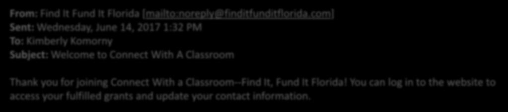 Once you receive the email, you are ready to log into your account and get started! From: Find It Fund It Florida [mailto:noreply@finditfunditflorida.