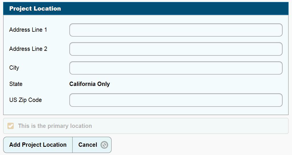 Figure 12: Proposed Project Location Input Page The first location entered is designated as the primary location by default.
