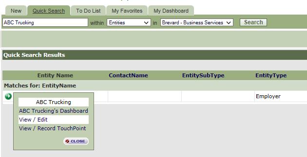 Case Management: Business Services Quick Search Employer Record Type in employer s name Choose Entities Employer