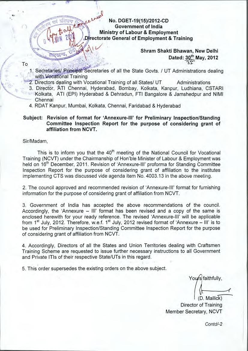 4IP c" DGET-19(15)/2012-CD Government of India Ministry of Labour & Employment,rectorate General of Employment & Training Shram Shakti Bhawan, New Delhi Dated: *lit May, 2012 To.1. SeOretaries/ Print ecretaries of all the State Govts.