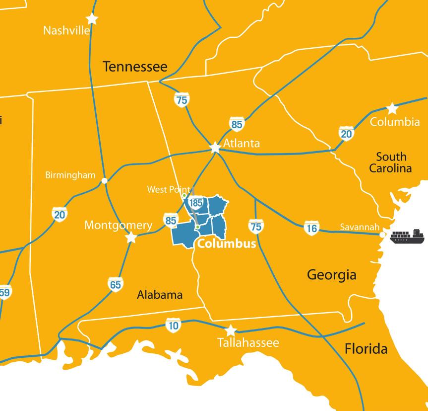 About Our Region Located in West Central Georgia and East Central Alabama, the Greater Columbus Georgia Region has a population of approximately 316,000 residents and an available workforce of