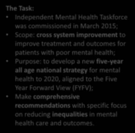 Five Year Forward View for Mental Health: Summary: The Task: Independent Mental Health Taskforce was commissioned in March 2015; Scope: