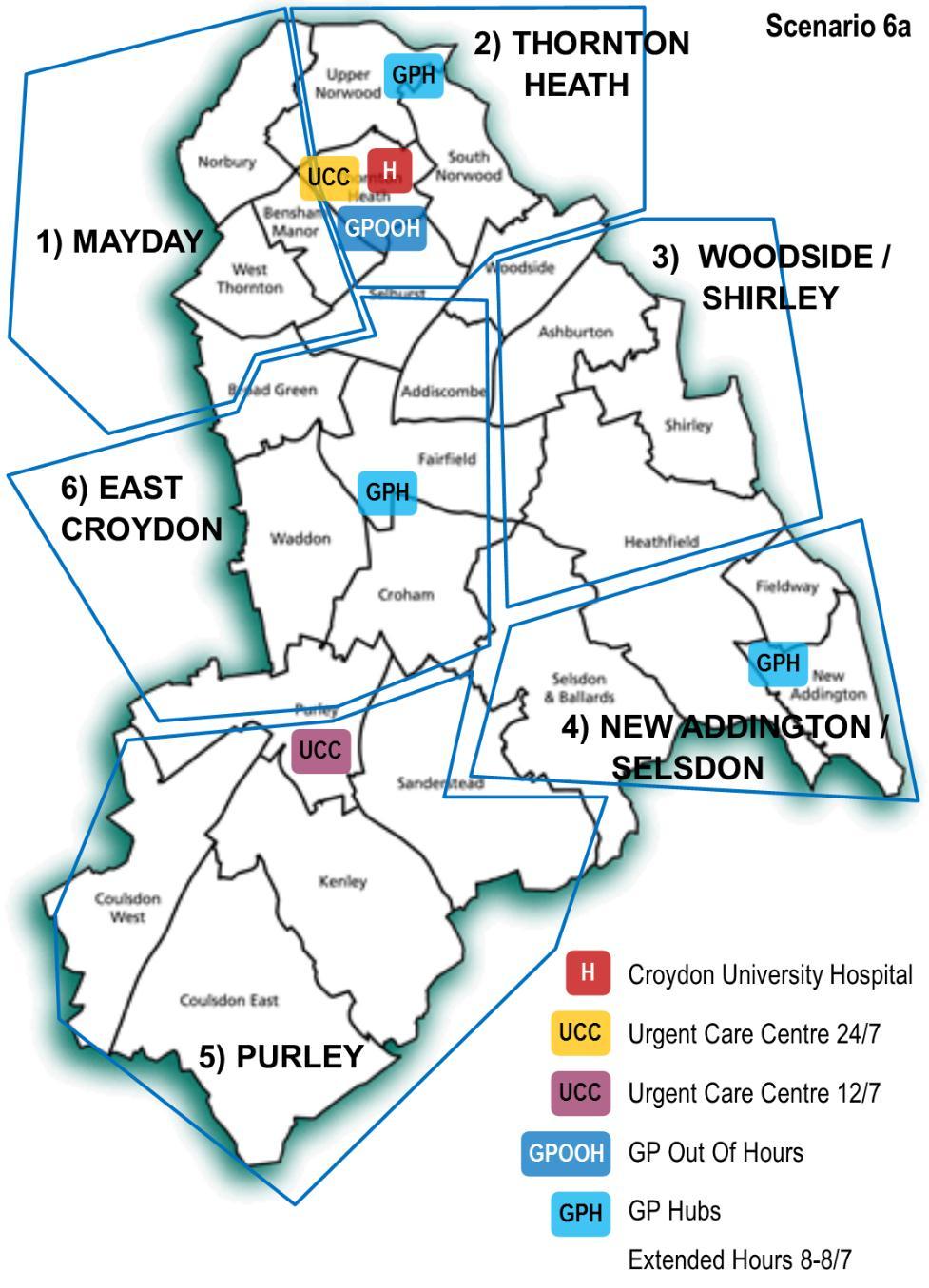 Scenario 6a x UCC (Urgent Care Centre) for 4 hours 7 days a week Based at the front of A&E x GP OOH service co-located with UCC x UCC for hours-a-day for 7 days-a-week located at Purley 3 x GP