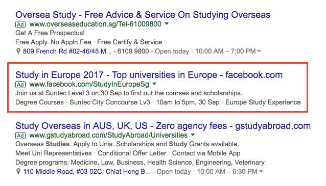 ANNEX B: Highlights of SIE 2017 Digital Marketing Campaign GOOGLE: Achieved a high click-through rate (CTR) for the advertisements and the top 5 keywords searches were: 1. Universities in Europe 2.
