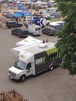 A DAV Mobile Service Office sits nearby an evacuee camp in California, where DAV service officers provided 99 disaster relief drafts totalling $81,000 to veterans and their families.