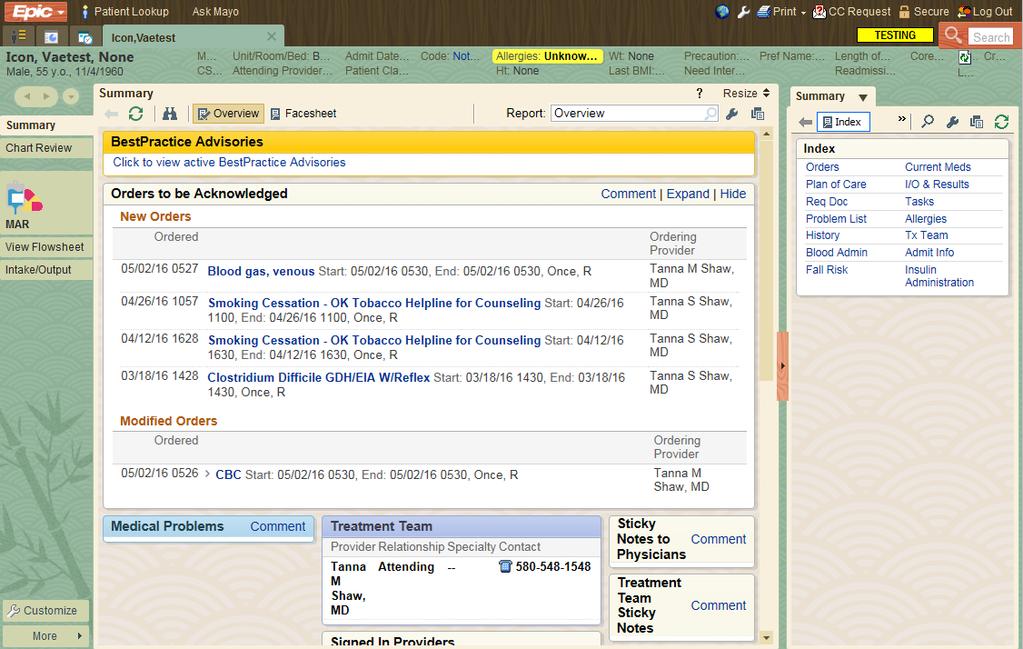 2. The tabs to the left of the screen a referred to as Activity Tabs. Navigating through these will open access to different parts of the medical record. 3. The first to open in Summary.