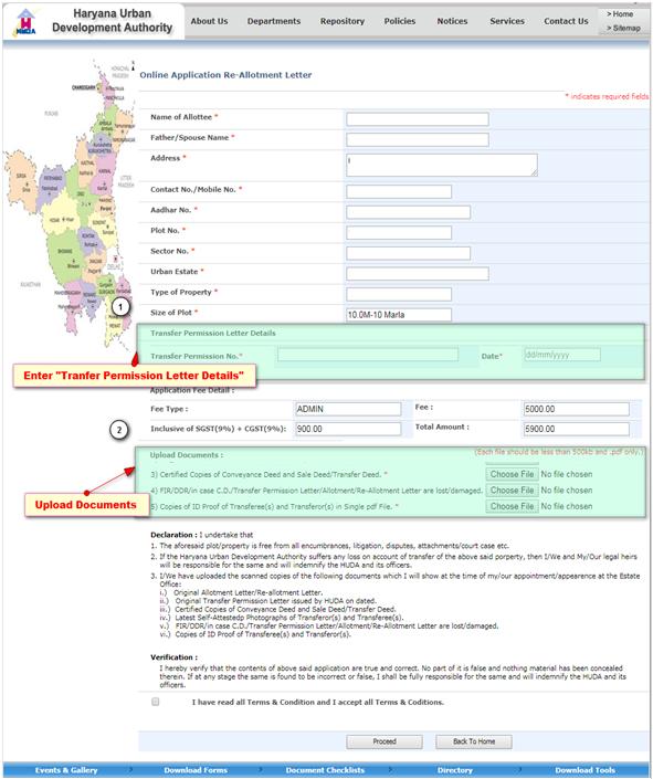 3.5.8 Re-Allotment Letter(Through Allottee/Within Family/Through GPA) Select Appointment Time Slot Enter transfer permission details and upload required documents Click on Proceed to go to Payment