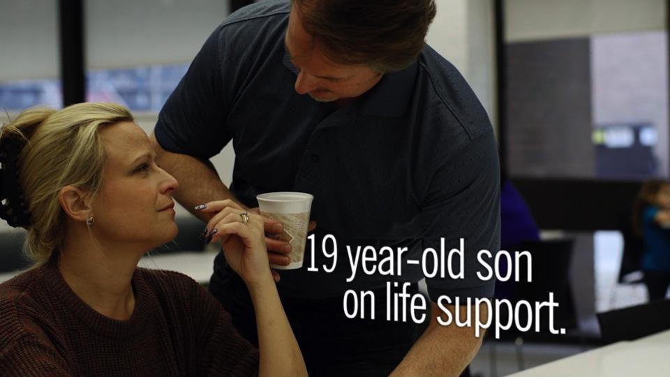 19 year-old son on life support. Source: Empathy: the human connection to patient care by Cleveland Clinic 2013.