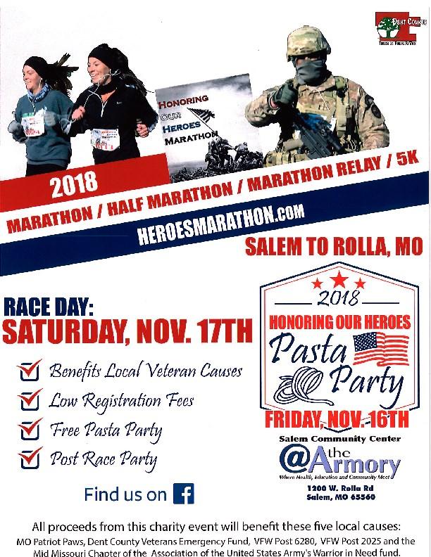 Veterans Marathon Honoring Our Heroes Marathon will be held on Saturday, November 17.