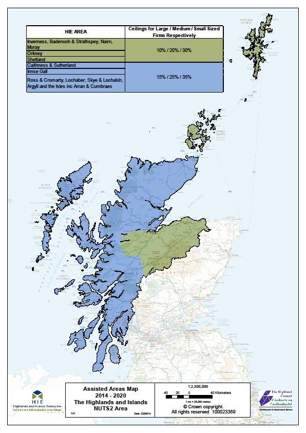 2. The H&I Pre-defined Article 107(3)c 5 assisted areas include the EU NUTS 3 areas: Caithness & Sutherland, Lochaber, Skye & Lochalsh, Ross & Cromarty, Argyll, Arran & Cumbrae Western Isles (blue