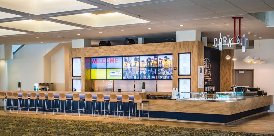 4 Display your organization at The Cork & Grind video board, located at the coffee and wine bar in the main concourse of Cobo