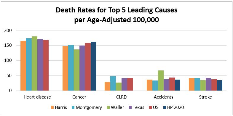The top five causes of death in the nation, in rank order, are heart disease, cancer, chronic lower respiratory disease (CLRD), accidents, and stroke.