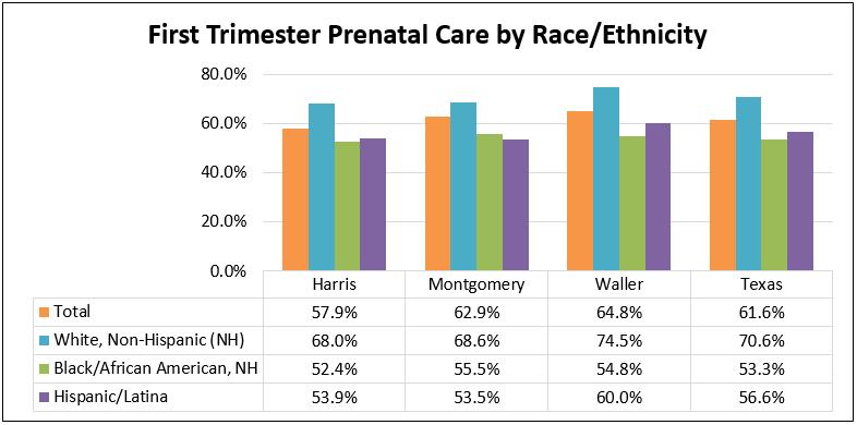 trimester. Mothers across Texas and TRHF service counties do not meet the Healthy People 2020 goal, falling short by as much as 20% points.