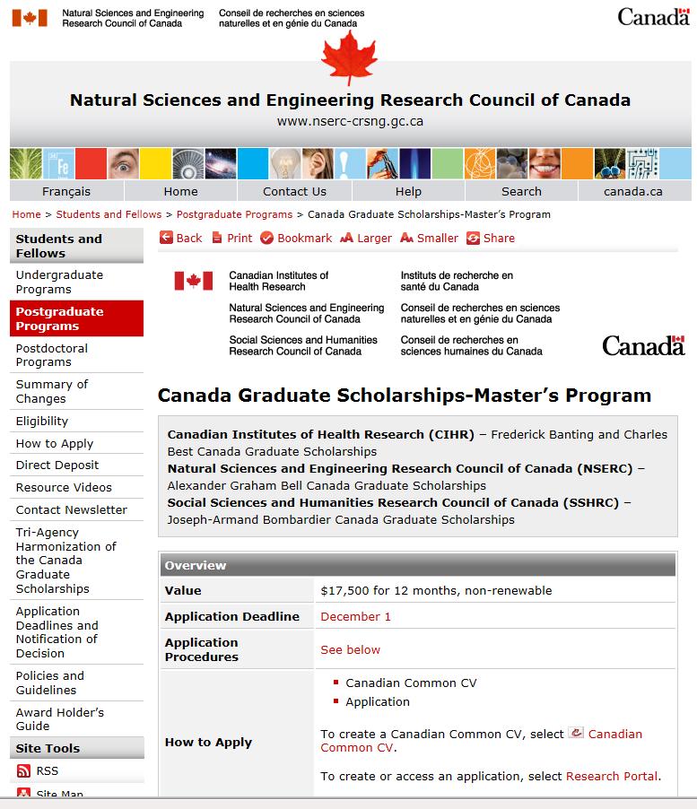 Canada Graduate Scholarships Master s (CGS M) http://www.