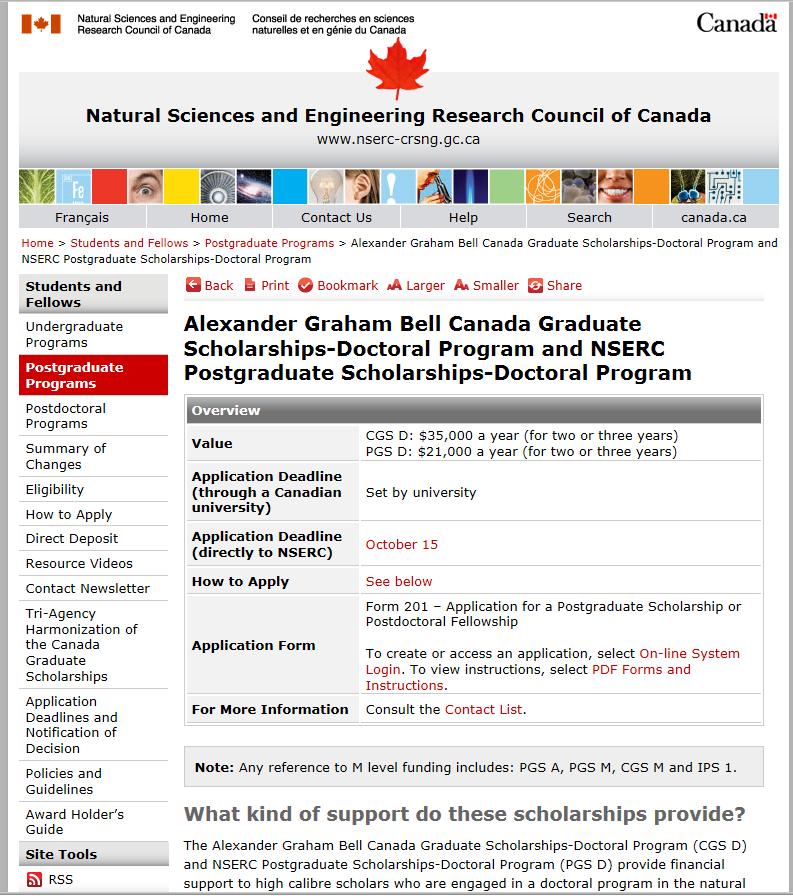 Alexander Graham Bell Canada Graduate Scholarships - Doctoral Program (CGS-D) & NSERC Postgraduate Scholarships